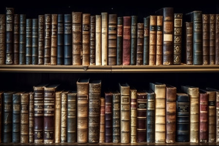 Generative AI : Vintage old books on a wooden shelfの素材