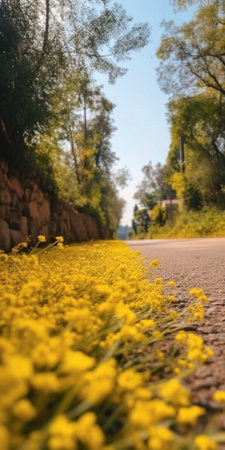 Generative AI : Nature landscape asphalt country road with yellow flower field besideの素材