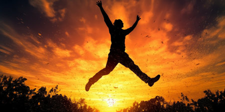 Generative AI : Silhouette of jumping man on sunset backgroundの素材