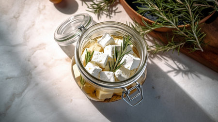 Generative AI : a jar of ice water with cubes cold butter in a glass bowl on all purpose flour preparation to make puff pastry basic puff pastry ingredientsの素材