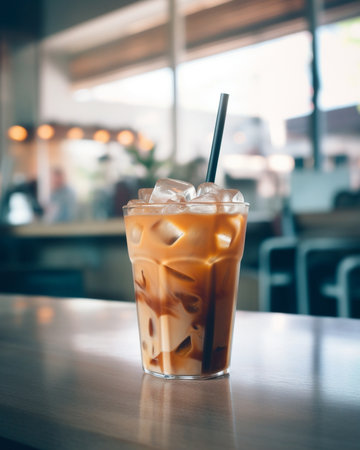Generative AI : a glass of cold coffee on wooden tableの素材