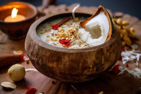 Generative AI : Stuffed Water Chestnut in Syrup and Coconut Milk served with Crushed Ice Tub Tim Krob Young Coconut bowl on wooden tableの素材