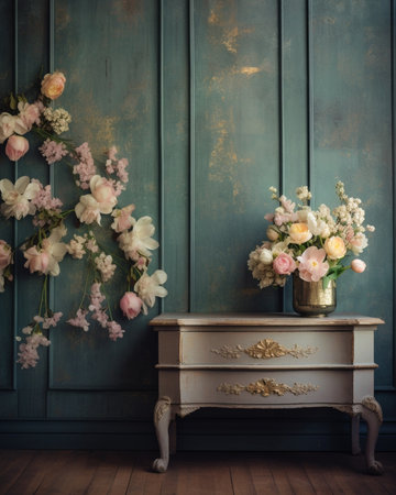 Generative AI : beautiful roses flowers and enamelware on a barn rustic wall backgroundの素材