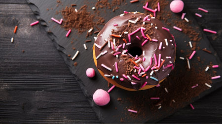 Generative AI : blank blackboard with colorful donuts on wooden backgroundの素材