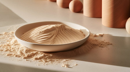 Generative AI : Rhassoul cosmetic clay powder in ceramic plate on white marble backgroundの素材
