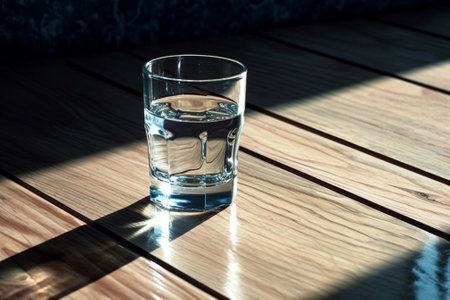 Generative AI : a glass of cold water on wooden tableの素材