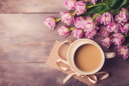 Generative AI : cup of coffee bouquet of carnation and clock on wooden backgroundの素材