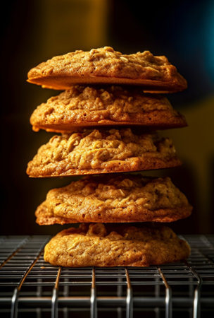 Generative AI : Warm golden brown chocolate chip cookies cooling on a rack Shallow depth of fieldの素材