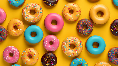 Generative AI : colorful donuts on yellow baclgroundの素材