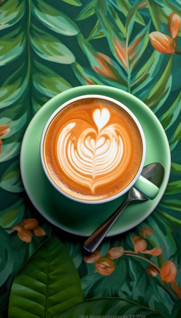 Generative AI : a cup of hot latte coffee with green leaves on barbled backgroundの素材