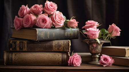 Generative AI : bouquet of beautiful roses in a enamel vase and books on rustic wooden table backgroundの素材