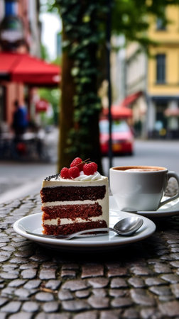 Generative AI : a piece of red velvet cheesecake whit a cup of coffeeの素材