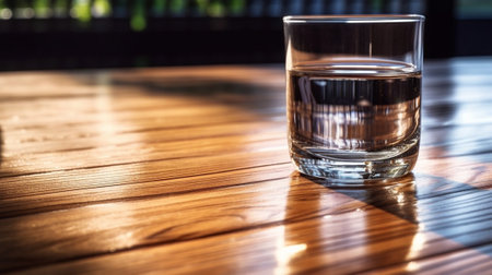 Generative AI : glass of cold water on wooden tableの素材