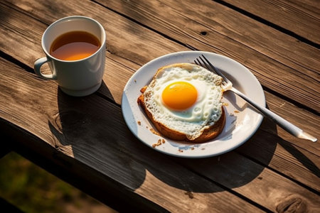 Generative AI : fried egg i plate on wooden tableの素材