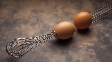 Generative AI : group of eggs wooden spoon and hand whisk on white table backgroundbasic baking backgroundの素材