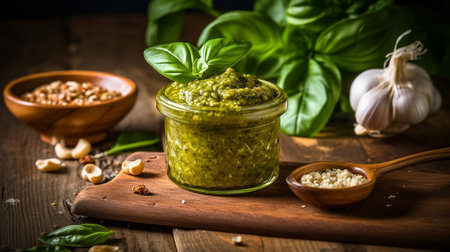 Generative AI : home made pesto sauce on wooden backgroundの素材