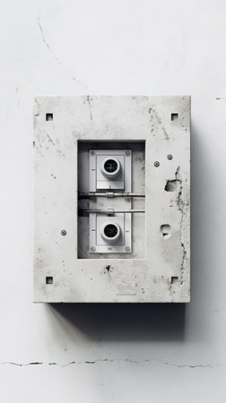 Generative AI : silver portable gas stove on cement background top viewの素材