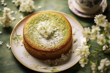 Generative AI : homemade macrobiotic desert pineapple mint cake made with whole wheat flour almond flour maple syrup almond oil soy milk pineapple and mint leaveの素材