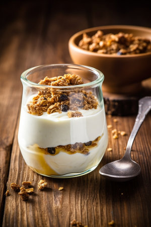 Generative AI : homemade yoghurt with muesli and banana on wooden tableの素材
