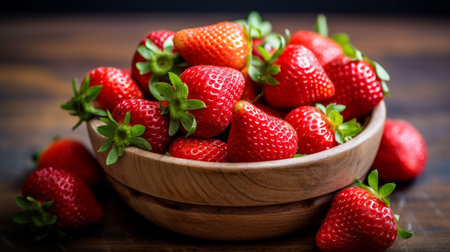 Generative AI : fresh strawberry in wooden bowl with nature backgroundの素材