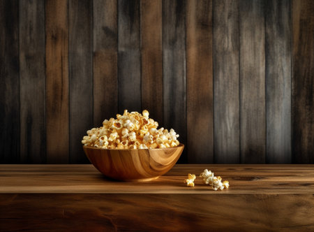 Generative AI : pop corn in wooden bowlの素材