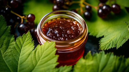 Generative AI : homemade mulberry jam in a glass jar with fresh mulberry with green leaves on rustic table backgroundの素材