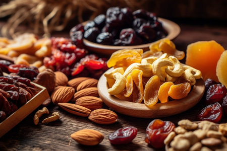 Generative AI : mixed dried fruit in wooden bowl on wooden tableの素材