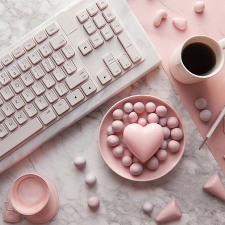Generative AI : white office desk table with computer keyboard smartphone with white screen cup of coffee and pink donut Top view with copy space flat layの素材