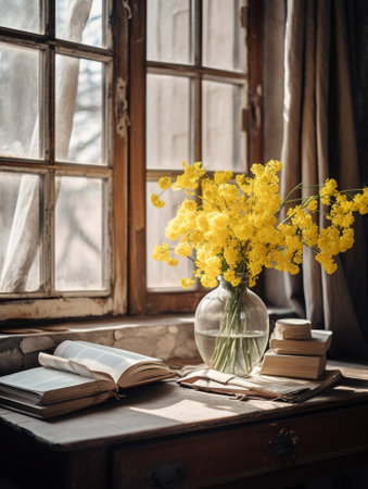 Generative AI : yellow cosmos bouquet flowers on old booksの素材