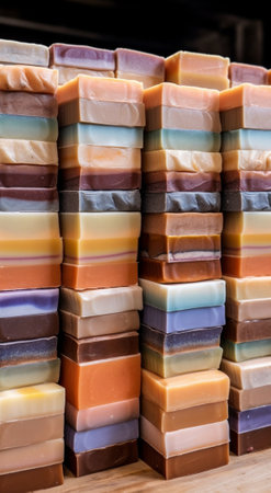 Generative AI : stack of variety handmade natural cold process soap on white marble background colorant from claysの素材