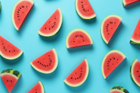 Generative AI : Flat lay top view Sliced watermelon on green background Watermelon patternの素材