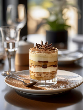 Generative AI : Banoffee pie in glass on wooden tableの素材