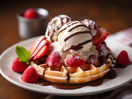 Generative AI : Belgian waffles with ice cream fresh strawberries and whipped creamの素材
