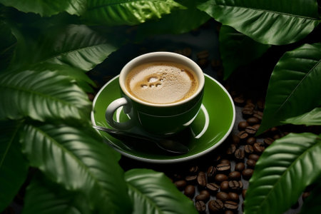 Generative AI : a cup of hot latte coffee with green leaves on barbled backgroundの素材