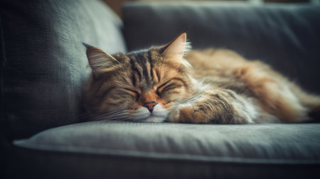 Generative AI : Sleeping cat on brown leather sofa lazy cat sleeping on day timeの素材