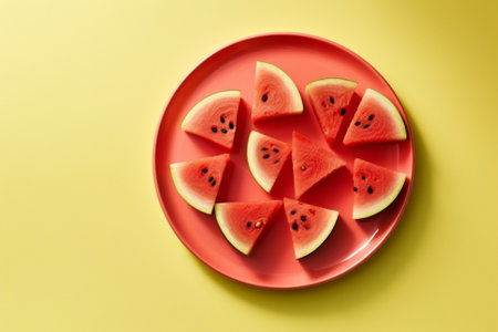 Generative AI : Flat lay top view Sliced watermelon on orange background Watermelon patternの素材