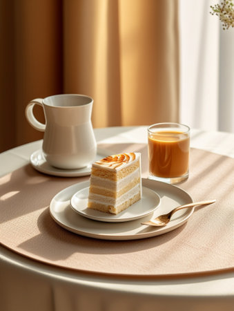 Generative AI : Square Earl Gray Rare Cheesecake in White Plate With a Cup of Coffee on TableNo Bake Cheesecakeの素材