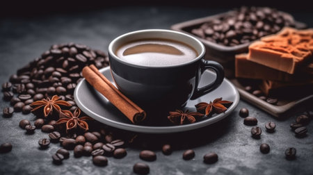 Generative AI : a cup of coffee with cinnamon stick star anise and coffee beanの素材