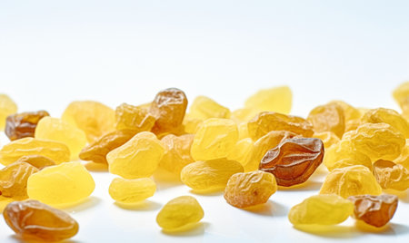 Generative AI : Golden raisins sultanas in a glass bowl on white table backgroundの素材