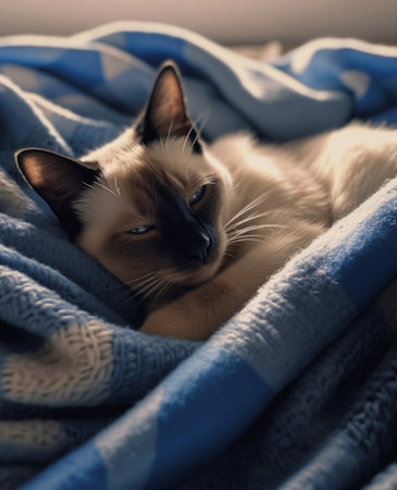 Generative AI : Cute little kitten sleeps on blue tartan blanketの素材