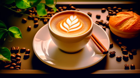 Generative AI : a cup of latte coffee with roasted coffee bean on wooden table backgroundの素材