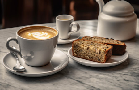 Generative AI : Piece of orange poppy seed serve in white plate with a cup of coffeeの素材
