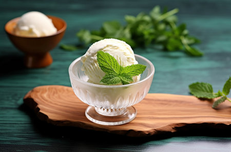 Generative AI : Homemade yogurt ice cream in wooden spoon decorated with fresh mintの素材