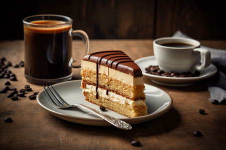 Generative AI : a piece of cake and cup of coffee with keyboard on wooden tableの素材