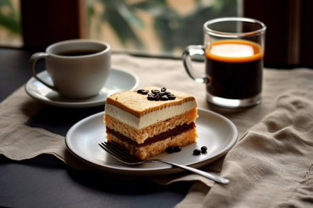 Generative AI : Square Earl Gray Rare Cheesecake in White Plate With a Cup of Coffee on TableNo Bake Cheesecakeの素材