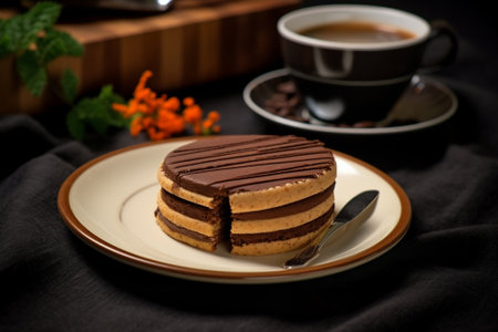 Generative AI : Square Earl Gray Rare Cheesecake in White Plate With a Cup of Coffee on TableNo Bake Cheesecakeの素材