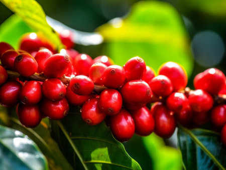 Generative AI : Red berries coffee beans on branch of coffee tree Branch of a coffee tree with ripe fruits leaves over wooden backgroundの素材