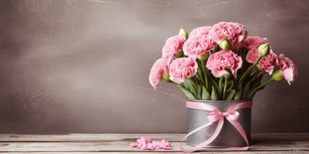 Generative AI : cup of coffee and bouquet of carnation on wooden backgroundの素材