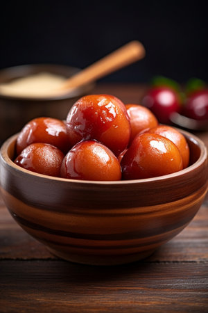 Generative AI : Small red fruit Brazilian Acerola Fruit small cherry in a bowl on wooden backgroundの素材
