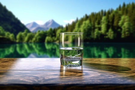 Generative AI : a glass of water with ice on nature backgroundの素材